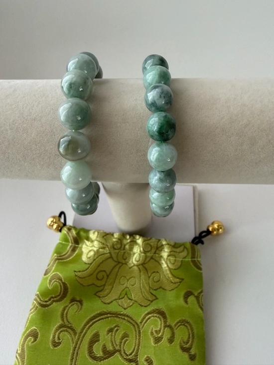 Authentic 2 Pieces Icy Floating Green Jade Beaded Bracelets - Picture 3 of 12